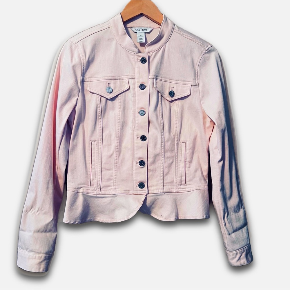 WHBM Pink Pleated Stretch Jean Jacket Front Silver Button Down Size 10